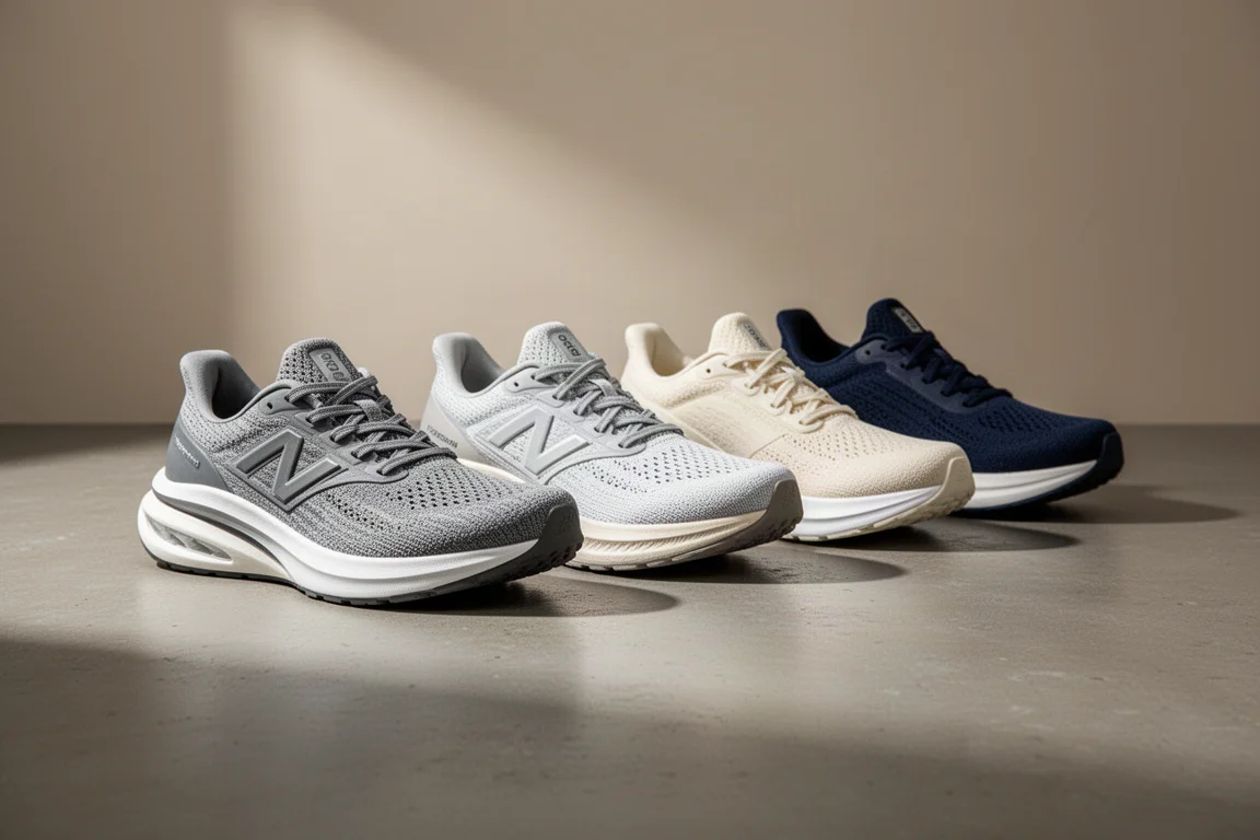 Eight cushioned running shoes arranged in a row on a concrete surface