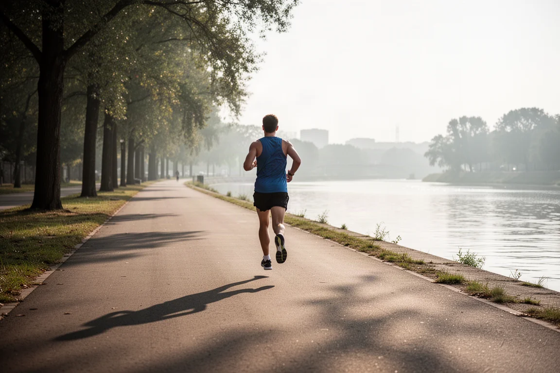 Hardloper glijdt in zacht ochtendlicht over een verhard rivierpad