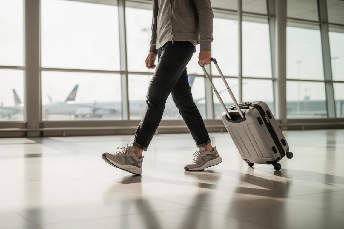 Reiziger loopt met handbagage door een luchtige luchthaventerminal