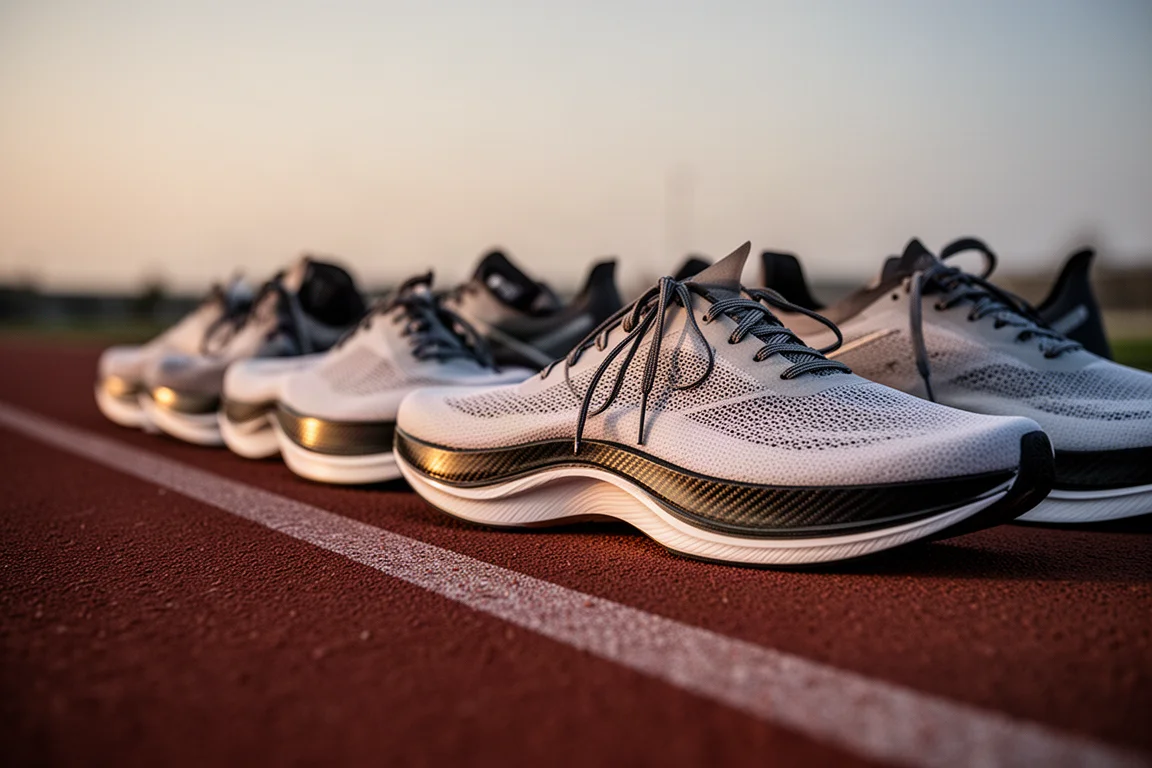 Raceschoenen met carbonplaat staan in de schemering op een atletiekbaan opgesteld