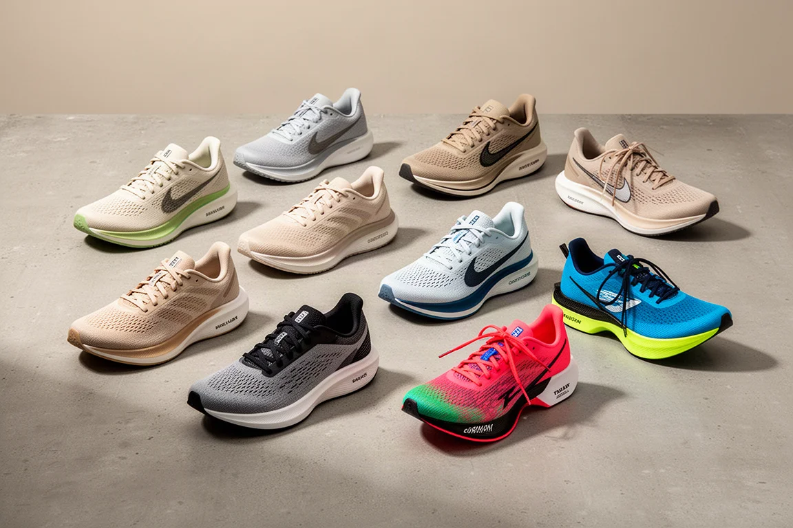 Nine different running shoes arranged in a grid on a concrete surface