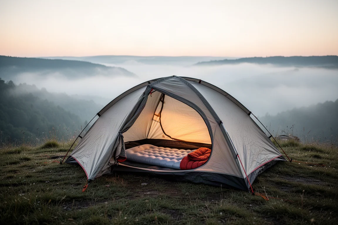 Zona de acampada al amanecer con una tienda y una colchoneta de dormir visibles en el interior