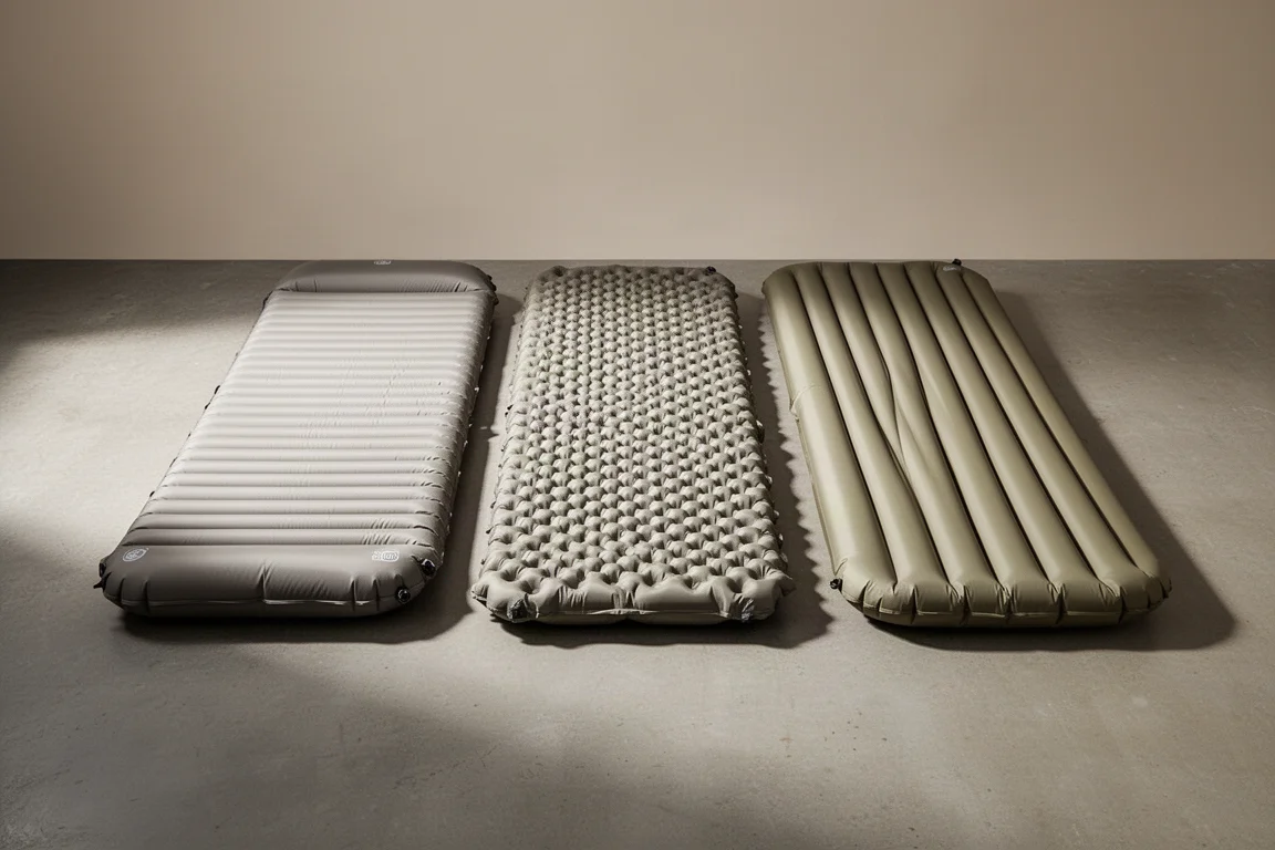 Three inflatable backpacking sleeping pads with different baffle patterns on a concrete floor
