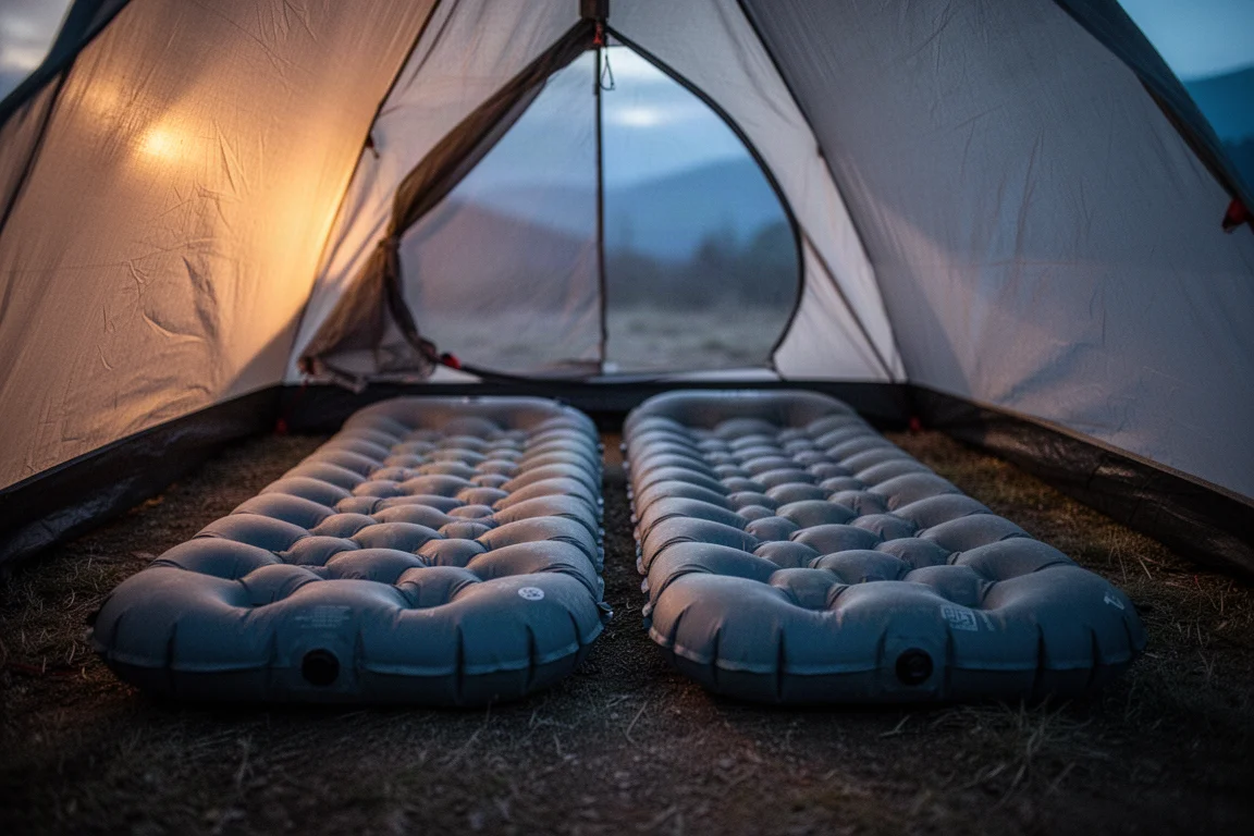 Twee opgeblazen backpacking-slaapmatten naast elkaar in een tent bij schemering