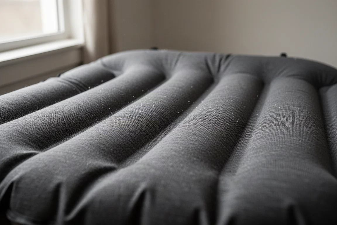 Close-up van een rekbare gebreide slaapmat met subtiele schotelribbels
