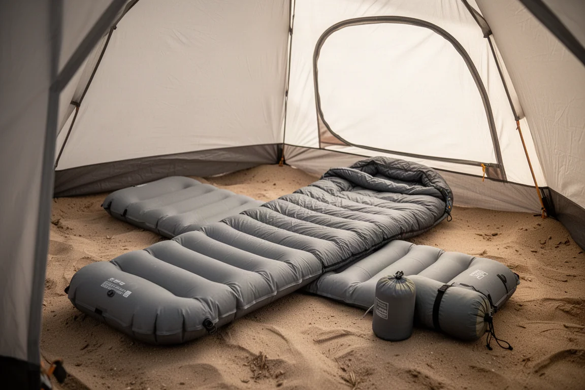 Lange brede slaapmat in een tent naast een ingepakte slaapzak