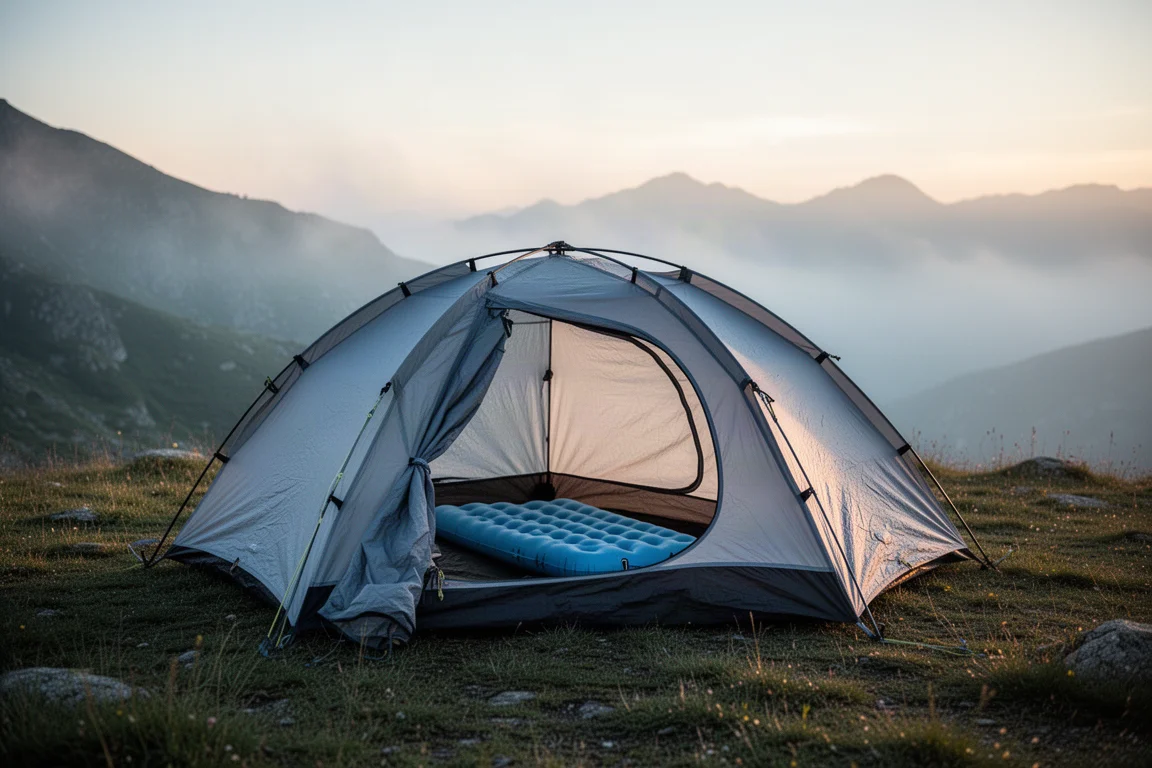 Lichtgewicht tent op een alpencamping bij zonsopgang met mist op de heuvels