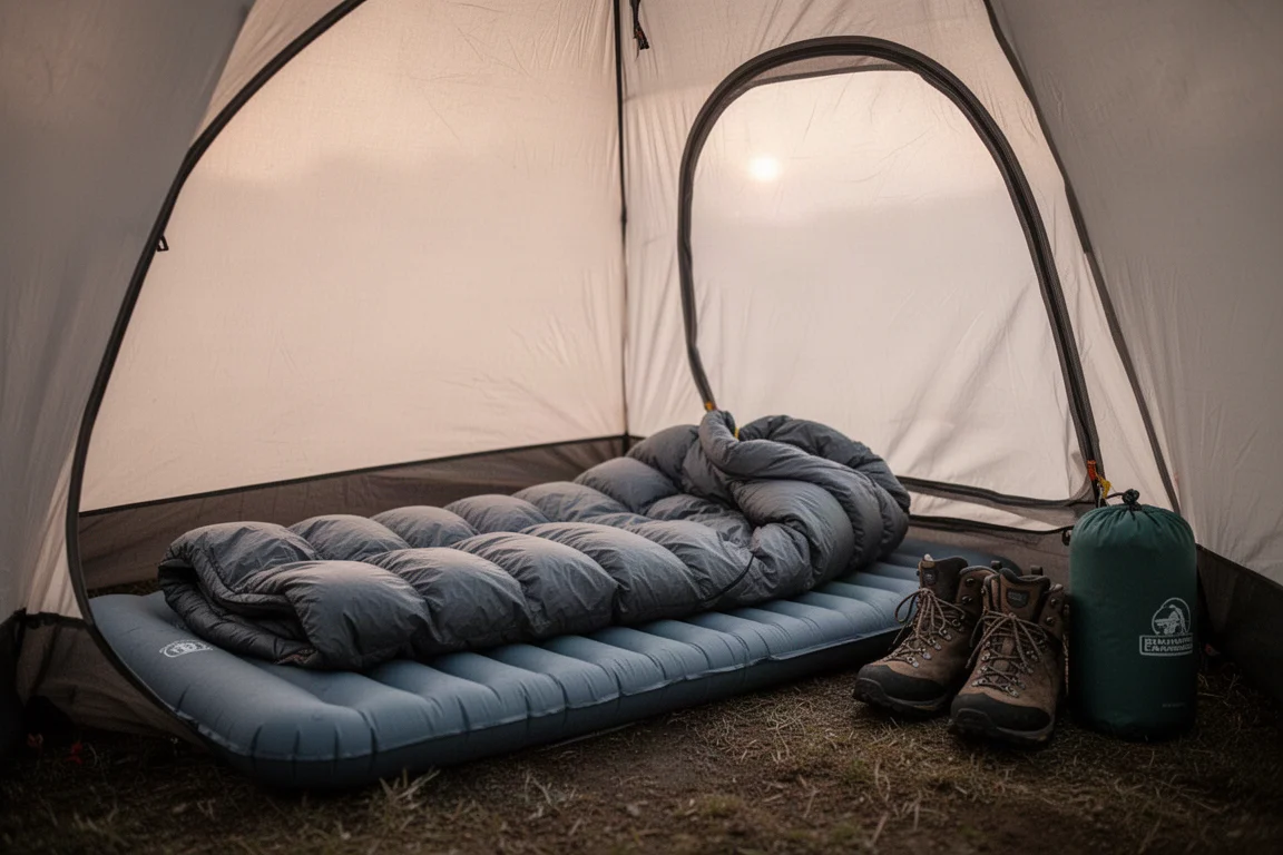 Intérieur de tente à l'aube avec un matelas de couchage gonflé et une couette en duvet