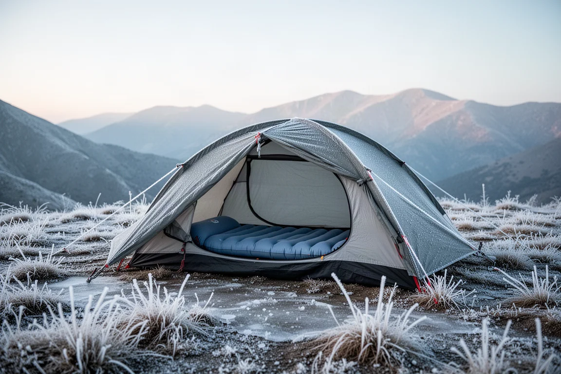 Campement alpin couvert de givre avec un matelas de couchage dans une tente ouverte