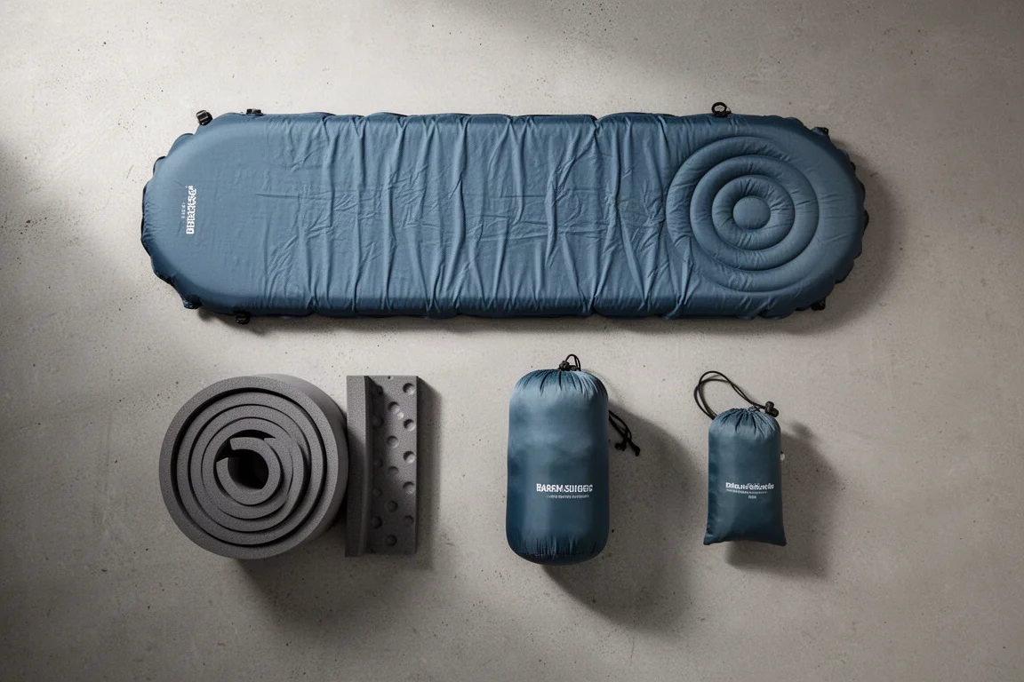 Vue à plat d'un kit de couchage de bivouac économique posé sur du béton