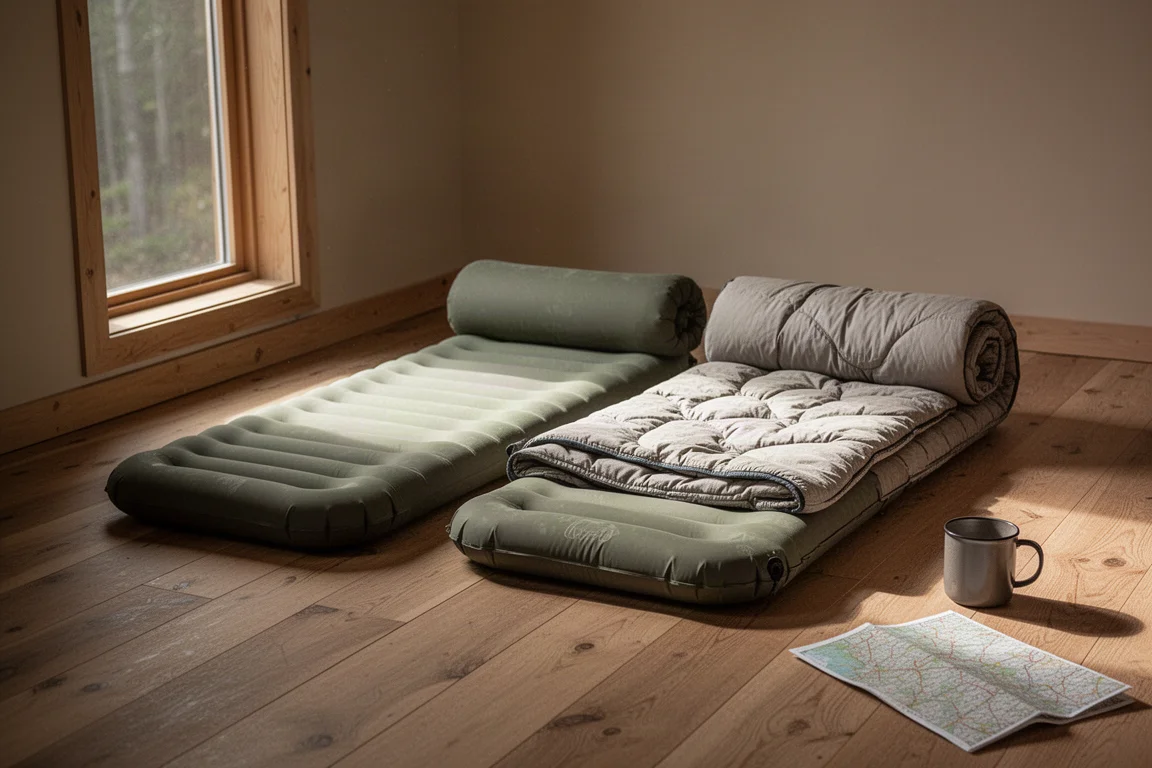 Deux matelas de couchage et une couette disposés sur le sol d'un chalet dans la lumière du matin