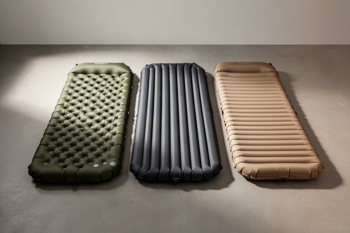 Trois matelas de couchage gonflables pour le bivouac aux cloisons de motifs différents posés sur un sol en béton