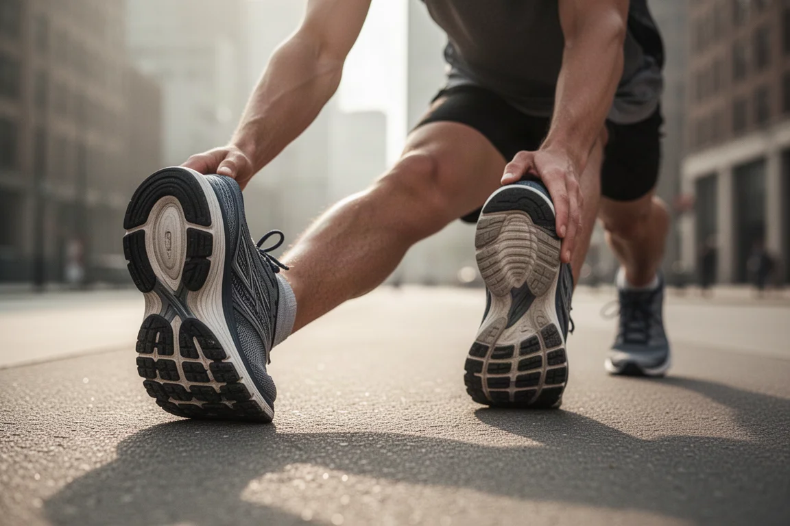 Läufer dehnt sich auf einem Gehweg aus, gedämpfte Laufschuhe im Vordergrund