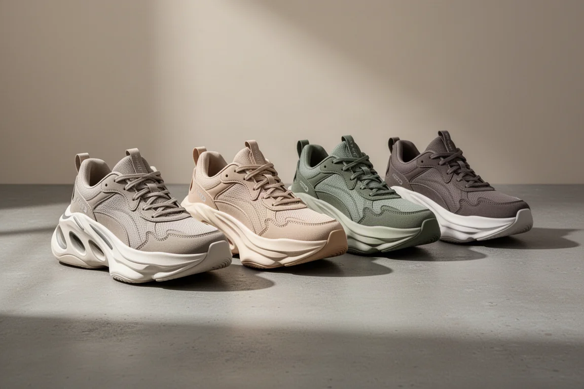 Four chunky max-cushion running shoes in a row on a concrete surface