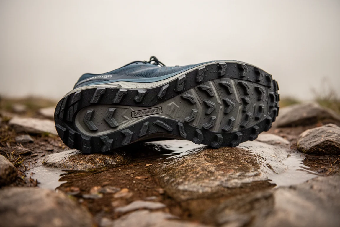 Scarpa da trail running con tasselli in gomma poco profondi su un sentiero roccioso e bagnato