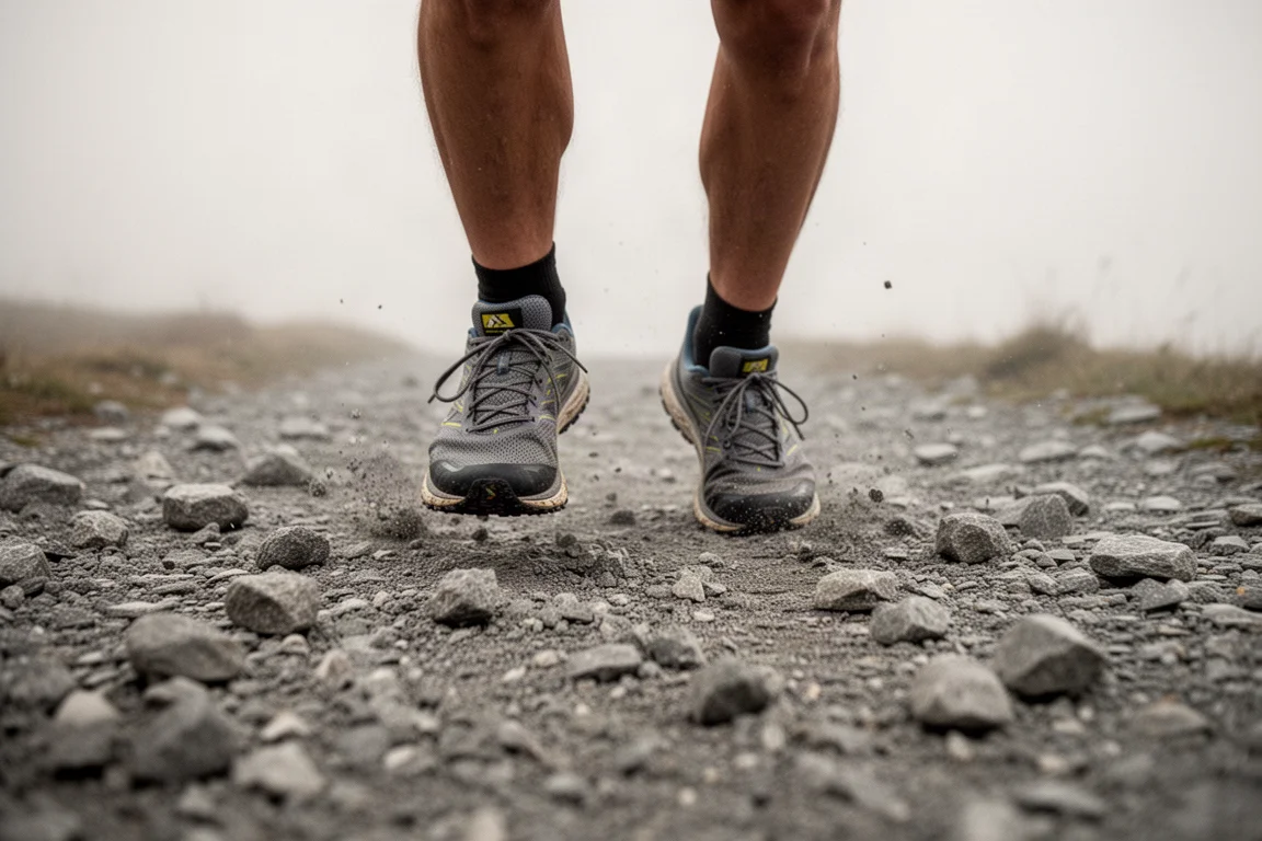 Runner su un sentiero di ghiaia sciolta che valuta l'appoggio
