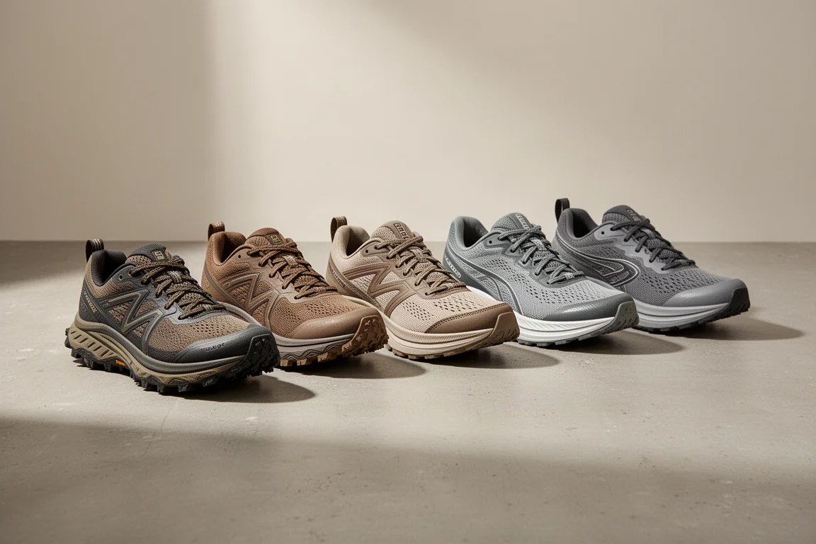 Sechs Laufschuhe in einer Reihe auf Beton