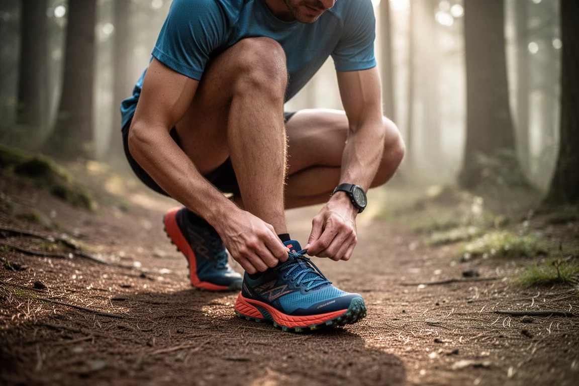 Un runner allaccia una scarpa da allenamento ad alto stack su un marciapiede cittadino tranquillo all'alba