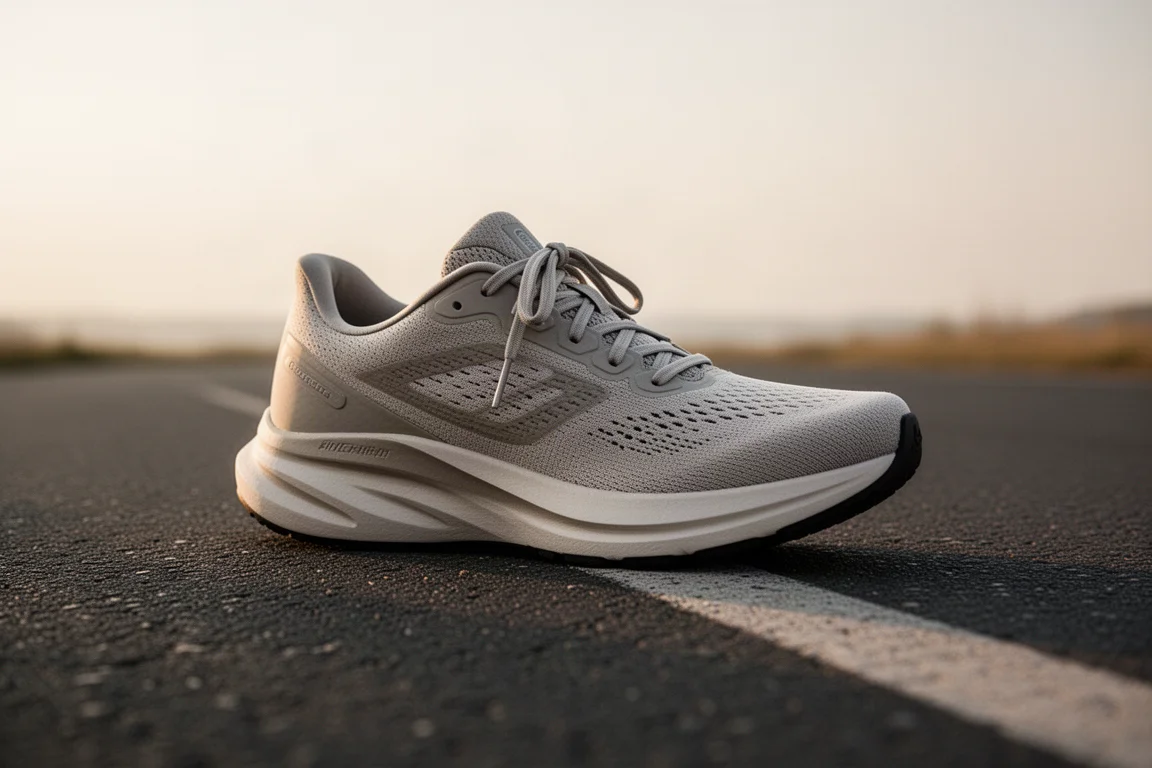 Primo piano della midsole ammortizzata di una scarpa da running che si comprime sull'asfalto liscio