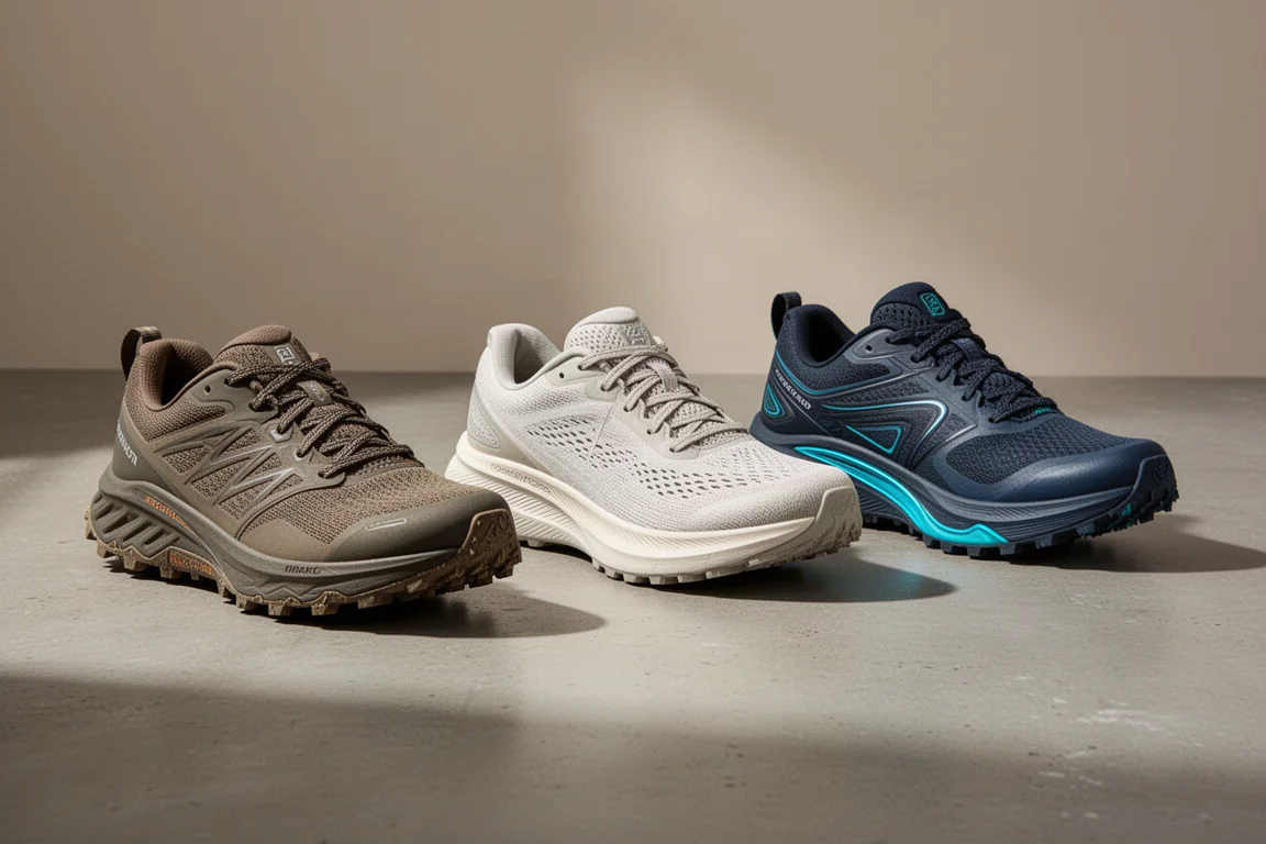 Five different running shoes lined up on a concrete floor