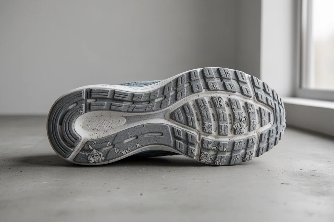 Gros plan sur une semelle extérieure de chaussure de running usée montrant les motifs d'usure de la crampe