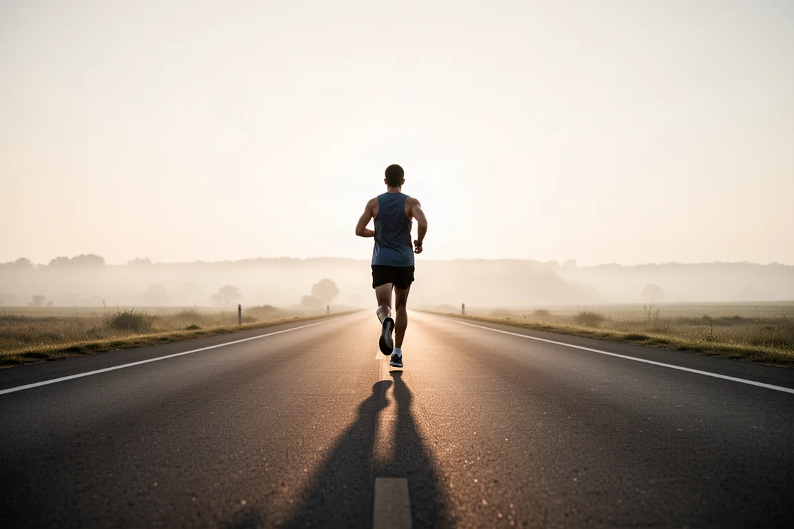 Un coureur accumulant des kilomètres sur une route ouverte au lever du soleil