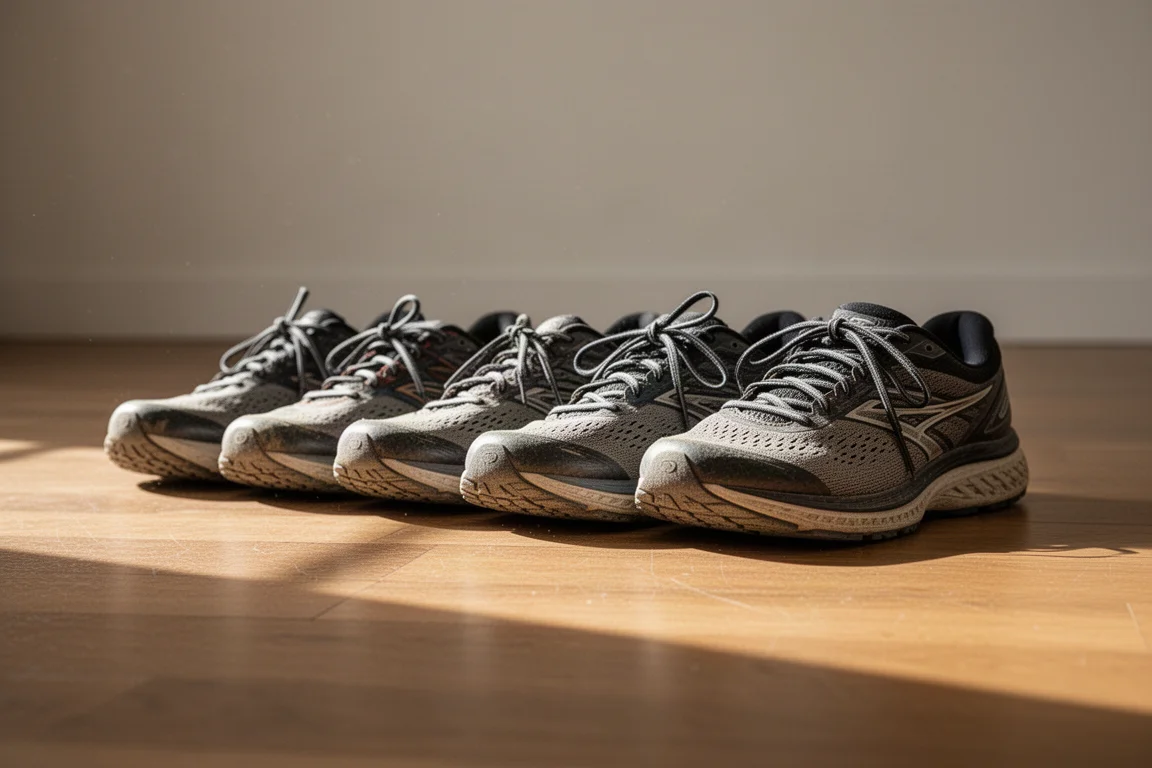 Chaussures de running alignées sur un parquet après un long bloc d'entraînement