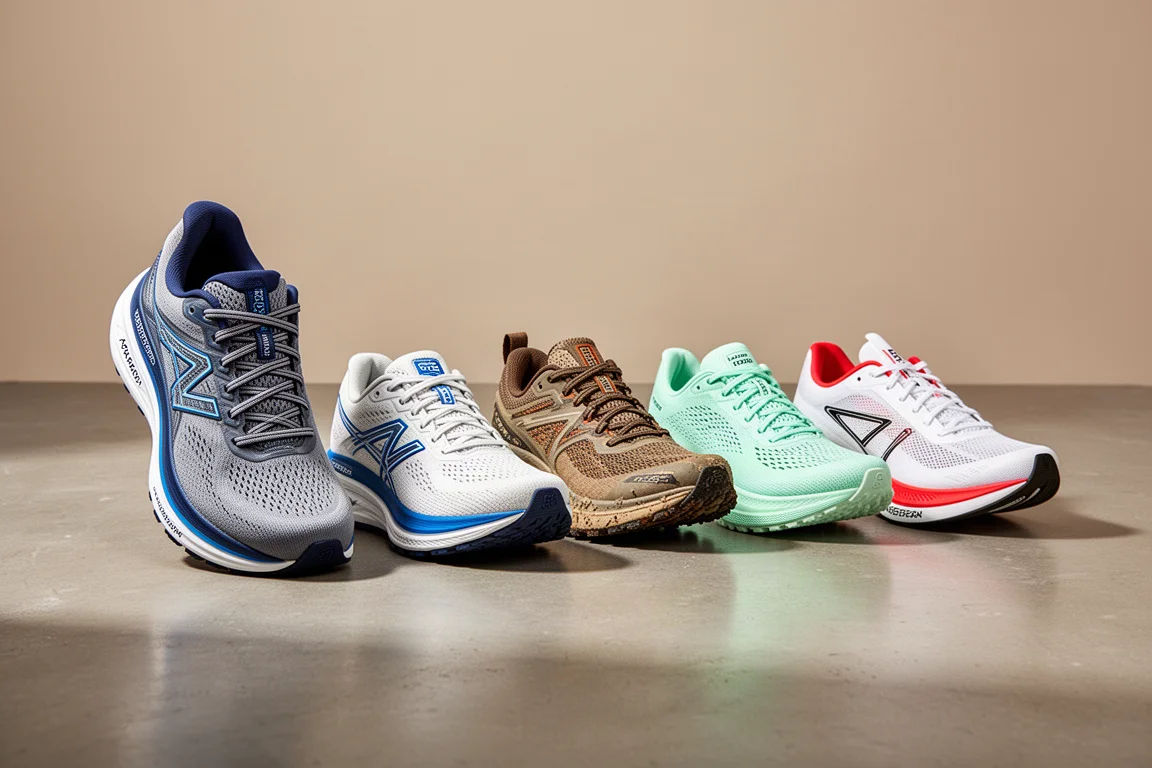 Fünf Laufschuhe in einer Reihe auf einem Betonboden angeordnet