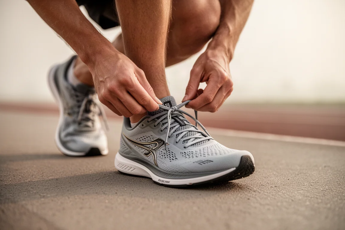 Runner die een wegloop-schoenveters strikt met standaard oogjes