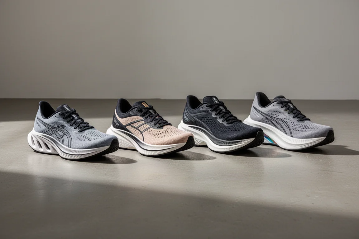 Four road running shoes arranged in a row on a concrete floor