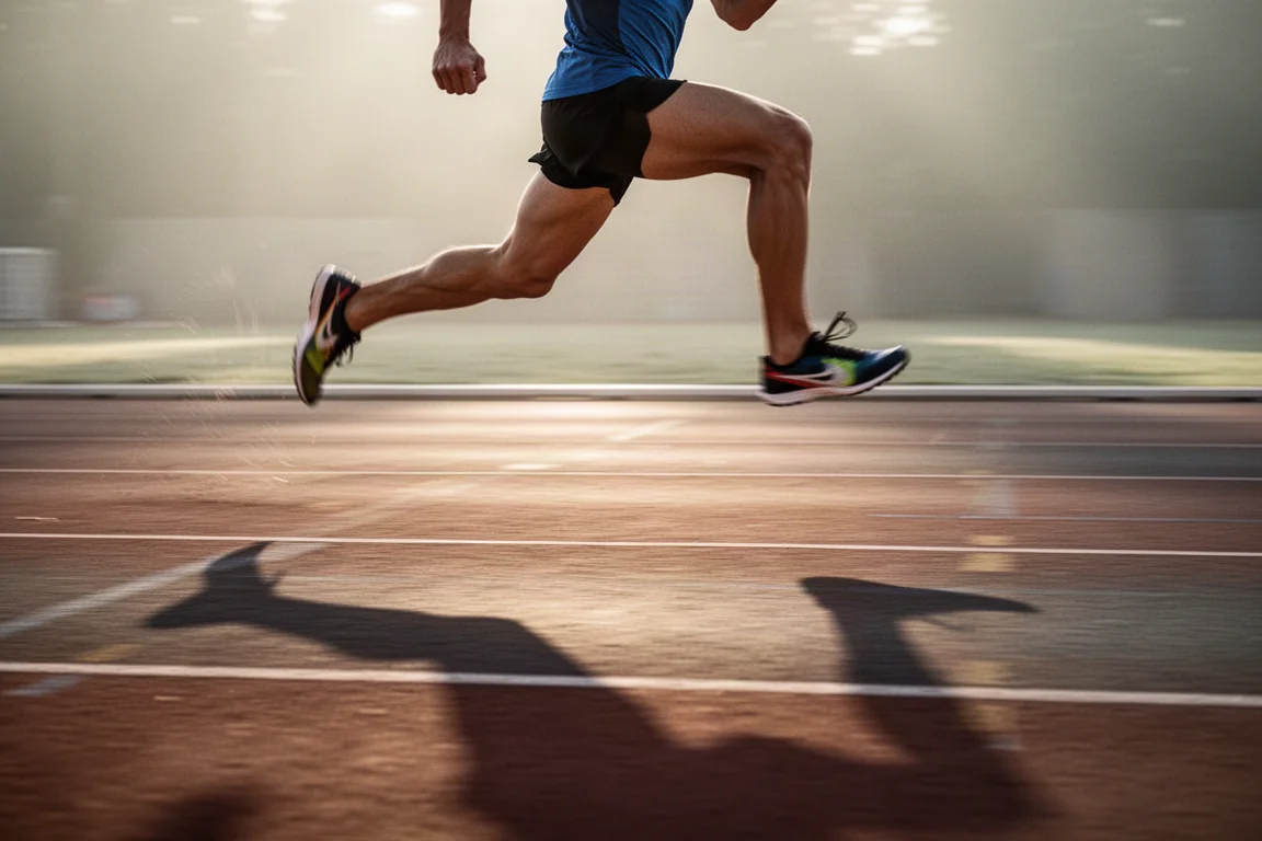 Corredor sprintando em ritmo intenso em uma pista de atletismo sob forte luz matinal