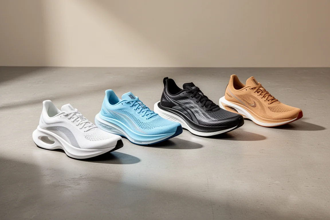 Five modern racing shoes arranged in a row on a concrete studio floor