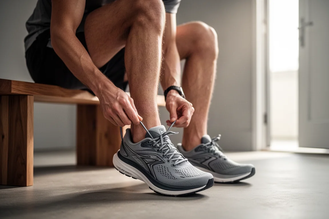 Hardloper strikt een paar moderne hardloopschoenen voor de weg bij een zonovergoten deuropening
