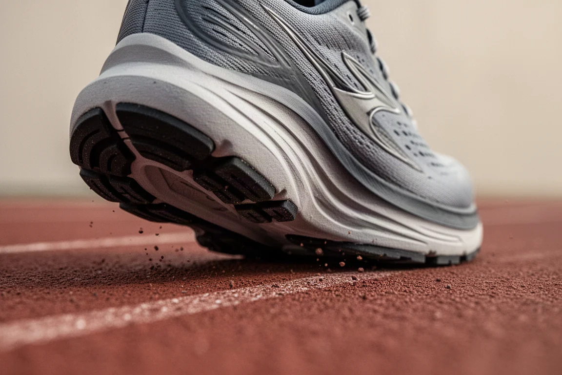Close-up van een carbon hardloopschoen met een flexend tussenzool op een atletiekbaan