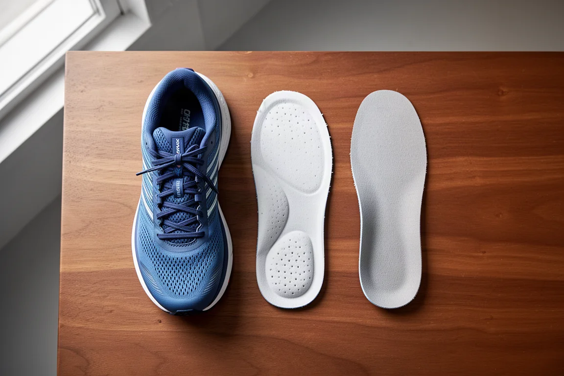 Twee paar hardloopschoenen naast elkaar met vervangende tussenzolen op een houten tafel