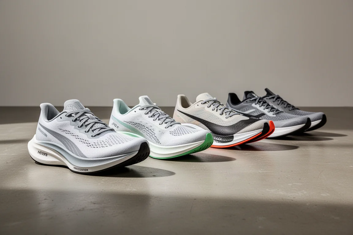 A lineup of modern road running shoes on a concrete studio floor