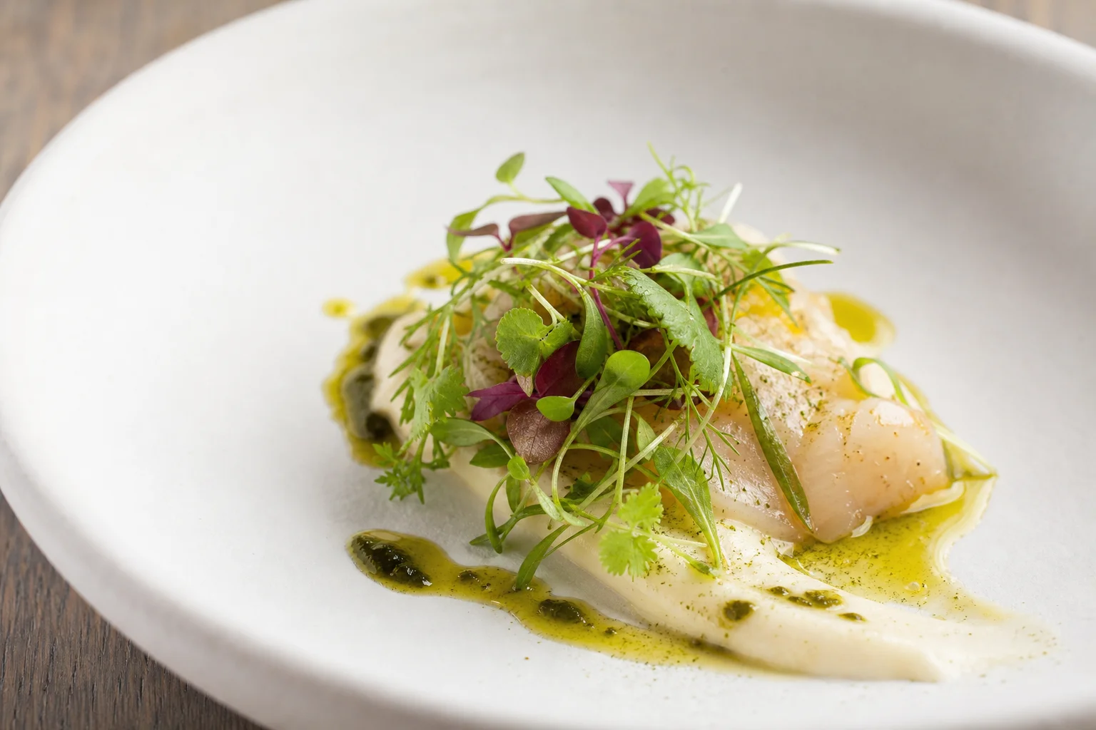 Entrée élégante avec micro-pousses et sauce artistique sur céramique blanche