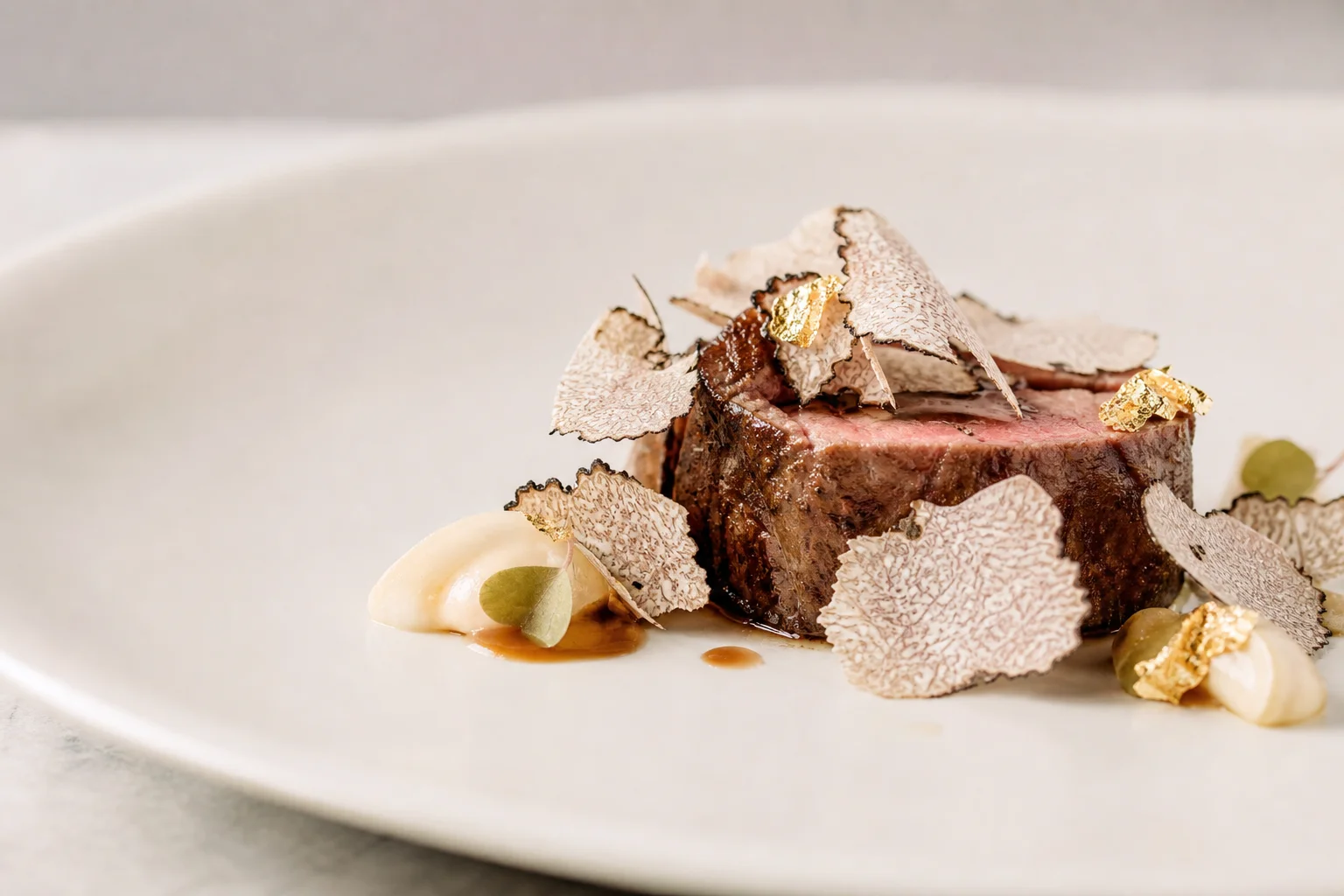 Plat élégant avec copeaux de truffe et feuille d'or sur porcelaine fine