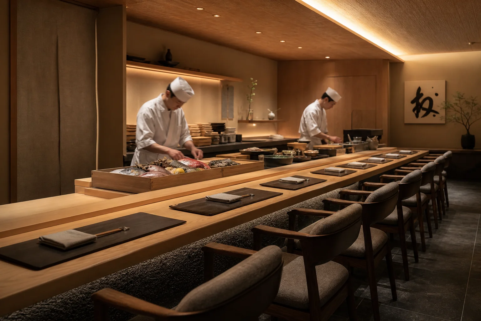 Comptoir à sushis intime de huit places avec des chefs travaillant à proximité