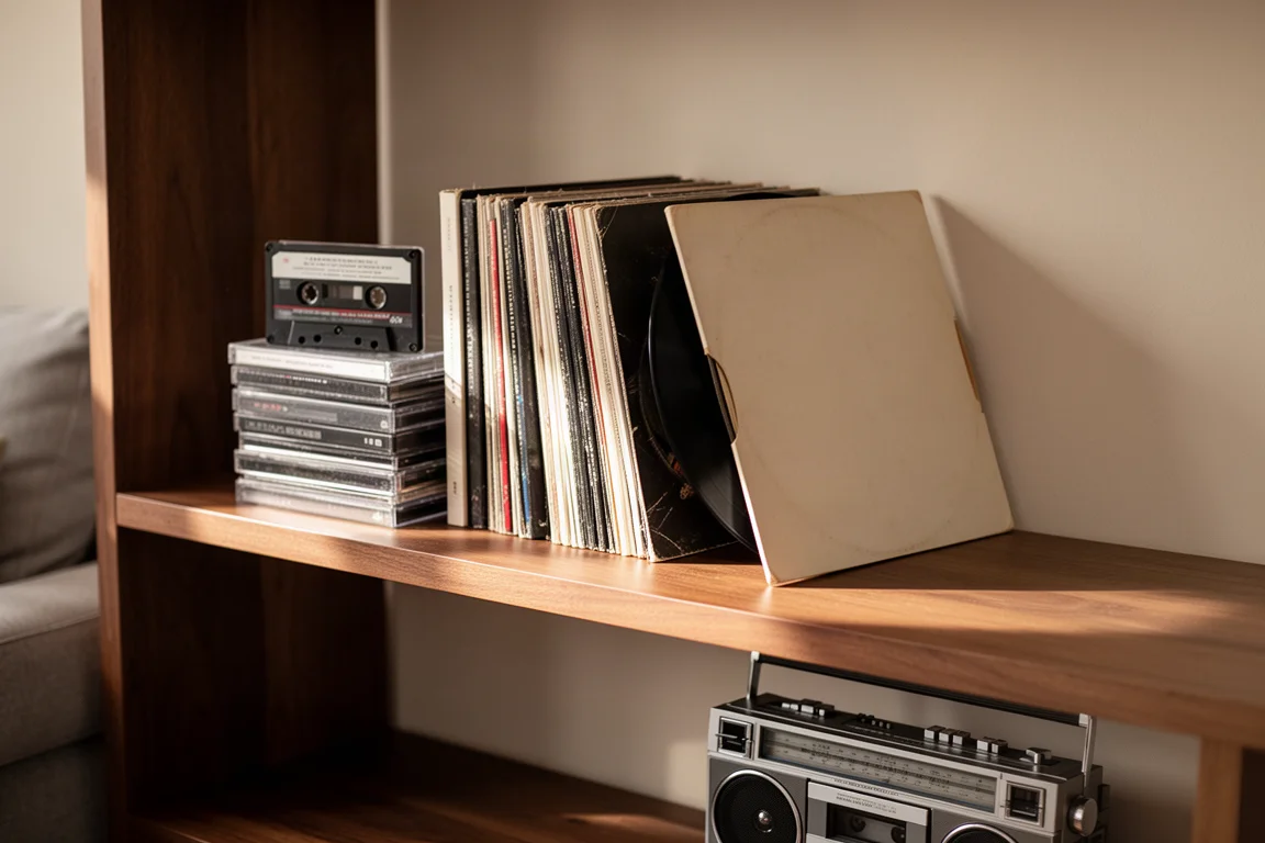 Wooden shelf holding stacked audio cassettes beside a row of vinyl records in warm light