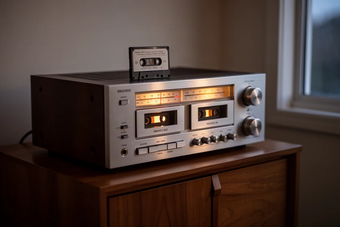 Vintage home stereo with dual cassette deck and illuminated meters in a softly lit room