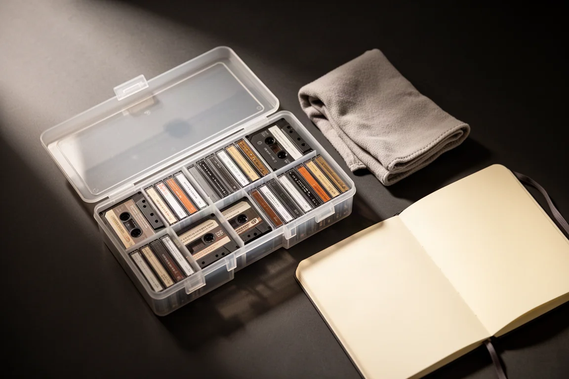 Overhead view of a cassette storage case and soft cloth on a dark desk