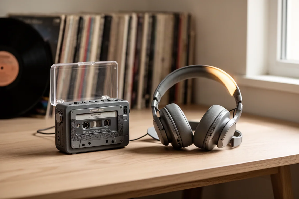 Portable cassette player and headphones on a desk with vinyl records behind