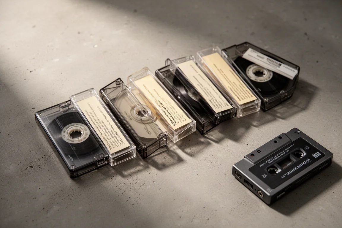 Row of audio cassette tapes and a portable cassette player on a concrete surface