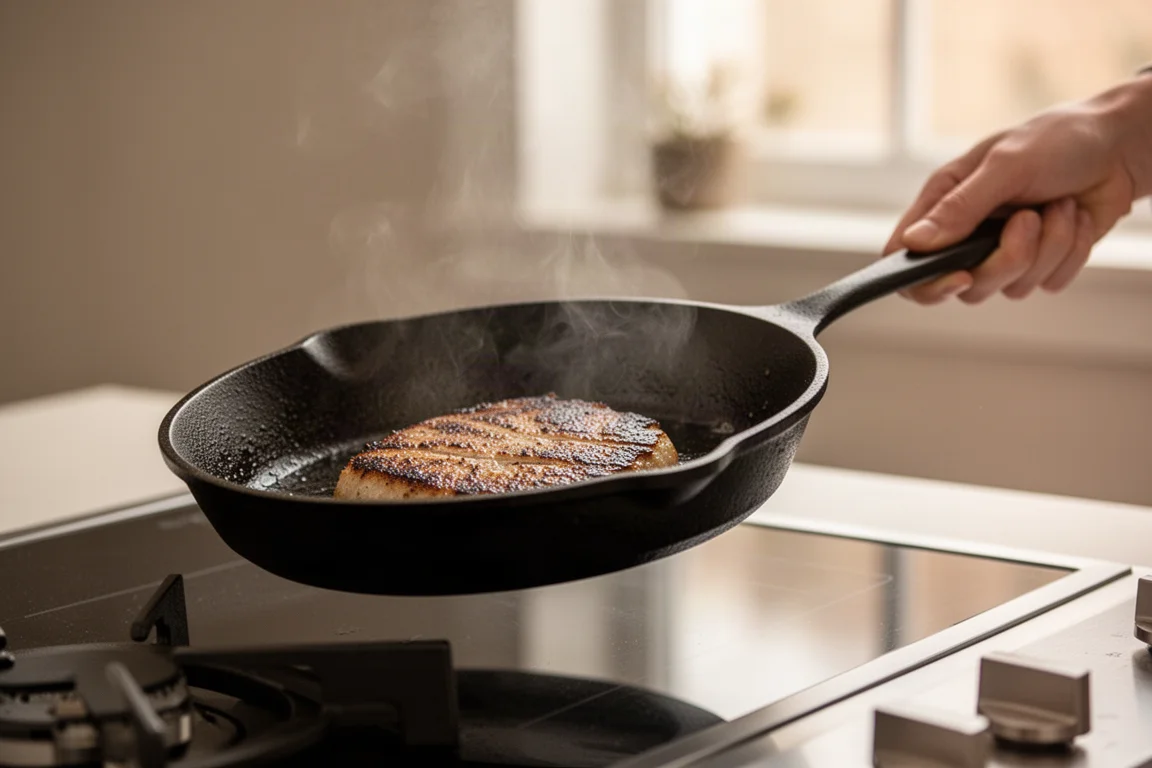 Hands lifting a heavy cast iron skillet from a stovetop in soft kitchen light