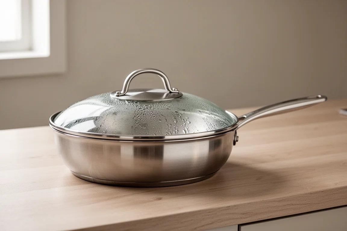 Stainless steel frying pan with a tight-fitting lid resting on a wooden kitchen counter