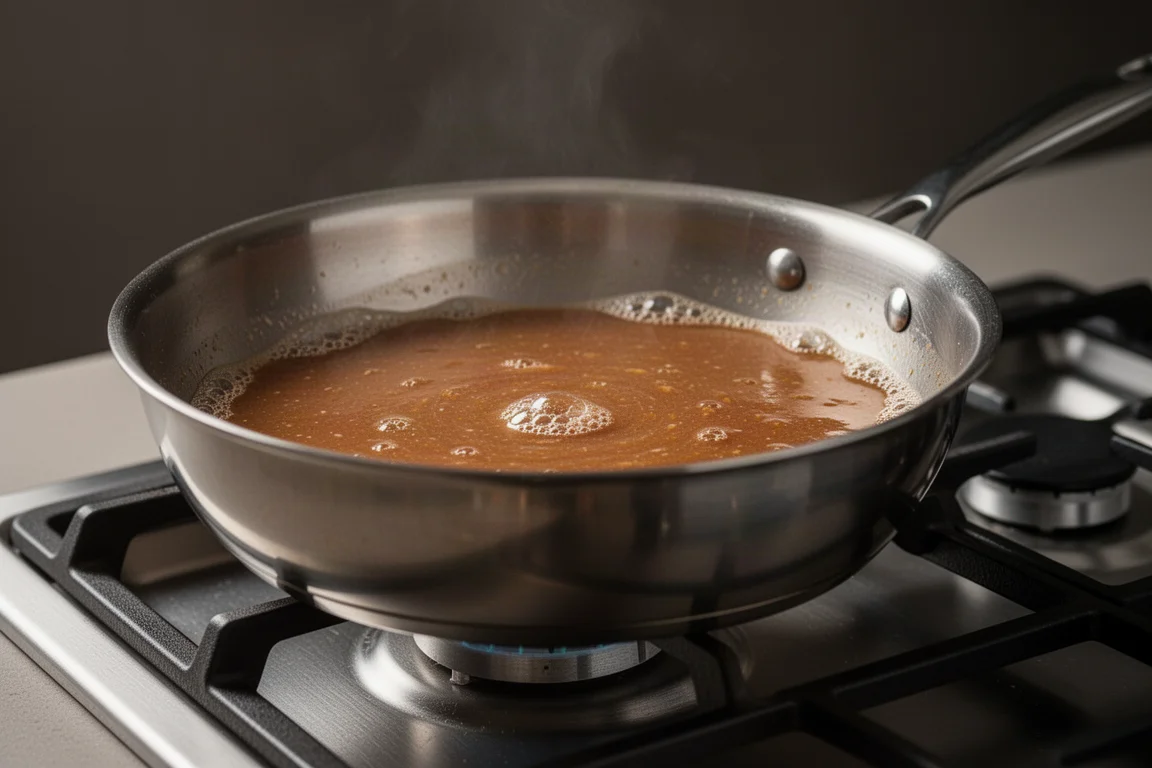Thick stainless steel pan holding a gently simmering sauce on a stovetop