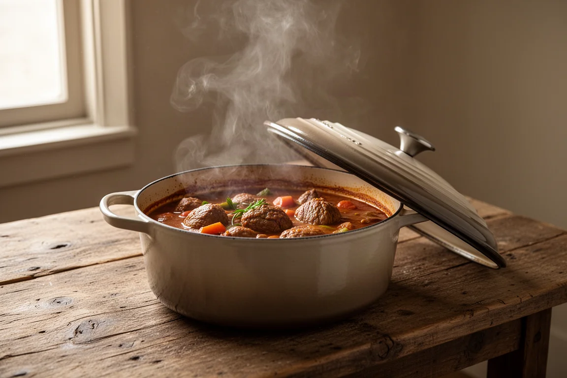 Enameled cast iron Dutch oven releasing steam as the lid is lifted in a cozy kitchen