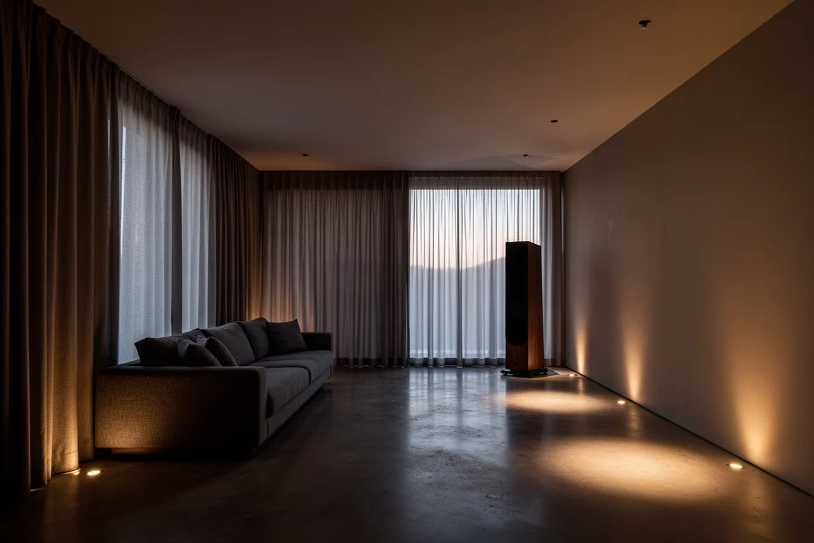Sala d'ascolto privata in penombra al crepuscolo con la silhouette di un diffusore alto