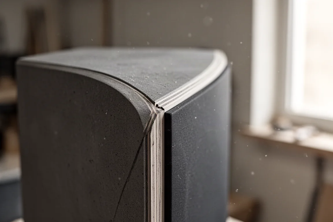 Primo piano del bordo di un cabinet sottile con pannello composito curvo